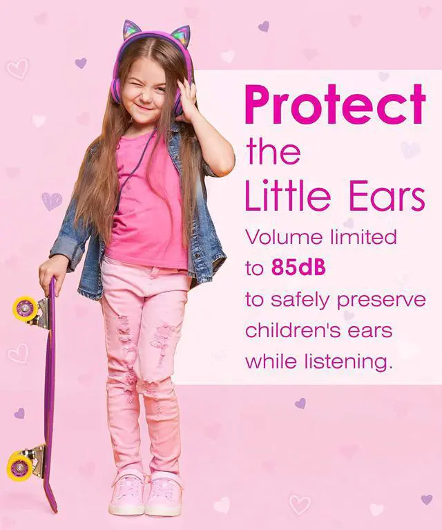 Alt view image 4 of 7 - FosPower Kids Headphones with LED Cat Ears (Safe Volume Limit 85 dB), 3.5mm On-Ear Wired Headphones with Laced Tangle-Free Cables for Boys/Girls/School/Travel - Hot Pink/Purple