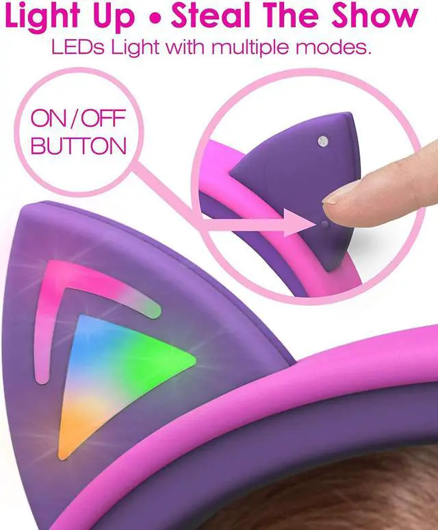 Alt view image 5 of 7 - FosPower Kids Headphones with LED Cat Ears (Safe Volume Limit 85 dB), 3.5mm On-Ear Wired Headphones with Laced Tangle-Free Cables for Boys/Girls/School/Travel - Hot Pink/Purple