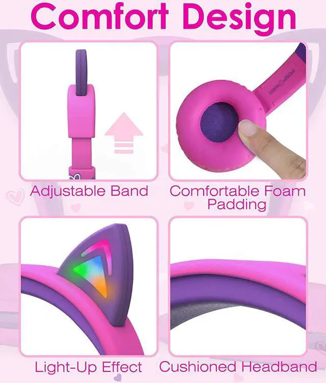 Alt view image 2 of 7 - FosPower Kids Headphones with LED Cat Ears (Safe Volume Limit 85 dB), 3.5mm On-Ear Wired Headphones with Laced Tangle-Free Cables for Boys/Girls/School/Travel - Hot Pink/Purple