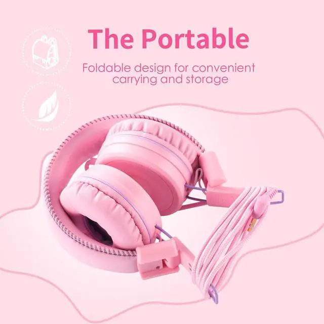 Alt view image 3 of 7 - POWMEE M1 Kids Headphones Wired Headphone for Kids,Foldable Adjustable Stereo Tangle-Free,3.5MM Jack Wire Cord On-Ear Headphone for Children (Pink)