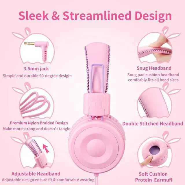 Alt view image 2 of 7 - POWMEE M1 Kids Headphones Wired Headphone for Kids,Foldable Adjustable Stereo Tangle-Free,3.5MM Jack Wire Cord On-Ear Headphone for Children (Pink)