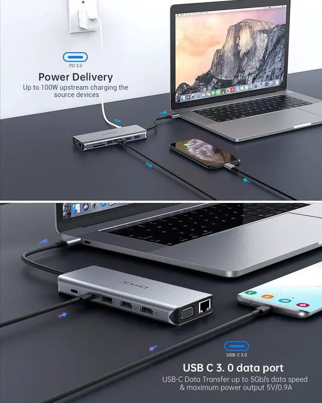 Alt view image 6 of 7 - USB C Hub, OKX 14 in 1 USB C to Triple Display Adapter with 100W PD Charging, 2 HDMI, VGA, USB-C Date Transfer, 3 USB 3.0 Ports, 2 USB 2.0 Ports, SD/TF Card Readers for MacBook Pro and Type C Laptops