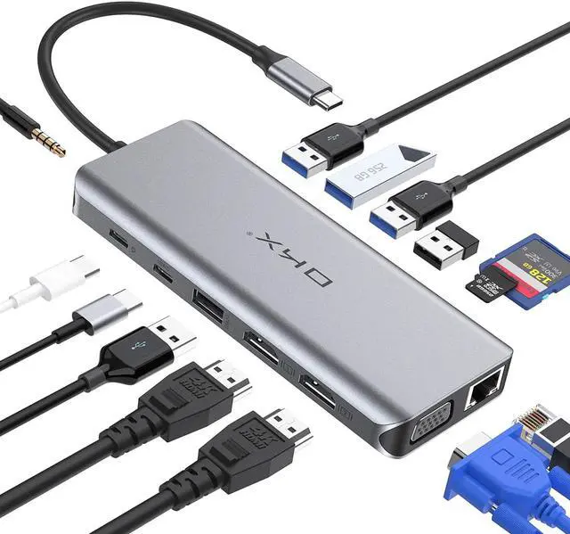 Main image of USB C Hub, OKX 14 in 1 USB C to Triple Display Adapter with 100W PD Charging, 2 HDMI, VGA, USB-C Date Transfer, 3 USB 3.0 Ports, 2 USB 2.0 Ports, SD/TF Card Readers for MacBook Pro and Type C Laptops