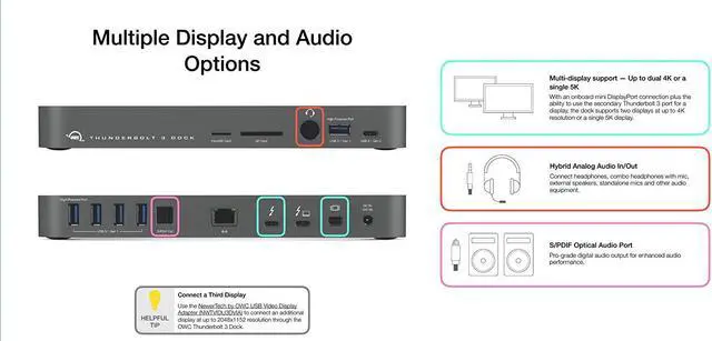Alt view image 4 of 5 - OWC 14-Port Thunderbolt Dock, 85W charging, (2) Thunderbolt 40 Gb/s (USB-C), (5) USB 3.2 Type-A, USB 3.2 (10Gb/s) Type-C, Mini DisplayPort, GbE, Audio, Single 5K or Dual 4K Displays, cable, For Mac/PC