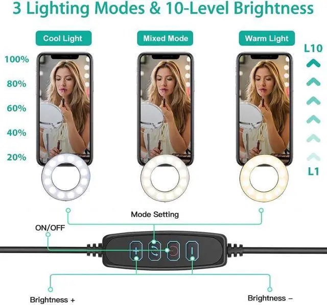 Alt view image 3 of 7 - 3.5 Inch Dual Selfie Ring Light with Moible Phone & Webcam Holder, 3-Light Modes, 10 Brightness Levels, 2020 NexiGo LED Ringlight with Tripod Stand, for Live Streaming Makeup Video Conference