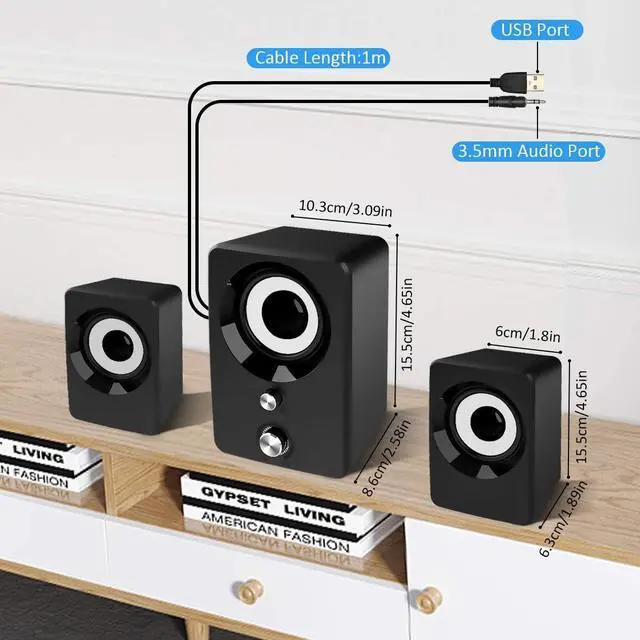 Alt view image 2 of 5 - Computer Speakers, Maboo 3.5mm Jack PC Speakers Wired with Subwoofer, USB Powered Multimedia 2.1 Channel for Desktop, Windows, Laptop, Tablets, Smartphone, PC Black (Speaker 2.1)