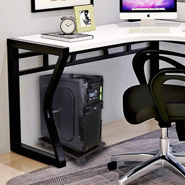 Alt view image 7 of 7 - Computer Tower Stand CPU Holder Stand with 4 Mute Caster Wheels Bamboo Desktop Floor Stand (Brown)