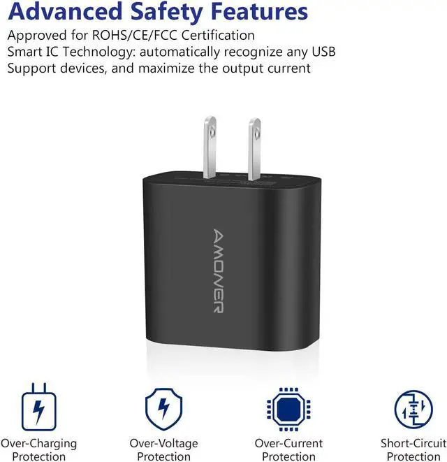 Alt view image 4 of 7 - Amoner Wall Charger, Upgraded 2Pack 15W 3-Port USB Plug Cube Portable Wall Charger Plug for iPhone Xs/XS Max/XR/X/8/7/6/Plus, iPad Pro/Air 2/Mini 2, Galaxy10/9/8/7, Note9/8, LG, Nexus and More
