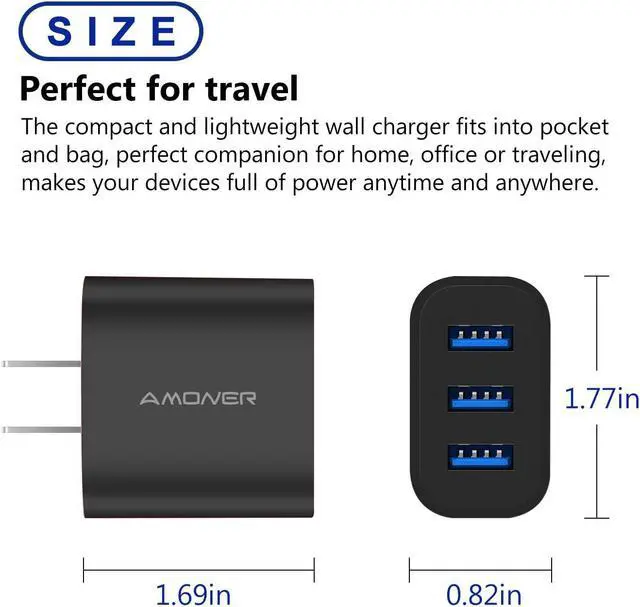 Alt view image 5 of 7 - Amoner Wall Charger, Upgraded 2Pack 15W 3-Port USB Plug Cube Portable Wall Charger Plug for iPhone Xs/XS Max/XR/X/8/7/6/Plus, iPad Pro/Air 2/Mini 2, Galaxy10/9/8/7, Note9/8, LG, Nexus and More