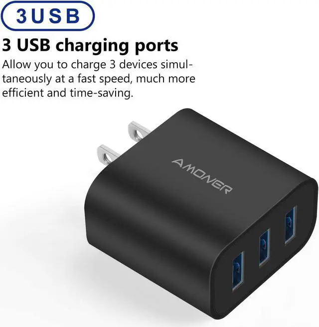 Alt view image 3 of 7 - Amoner Wall Charger, Upgraded 2Pack 15W 3-Port USB Plug Cube Portable Wall Charger Plug for iPhone Xs/XS Max/XR/X/8/7/6/Plus, iPad Pro/Air 2/Mini 2, Galaxy10/9/8/7, Note9/8, LG, Nexus and More