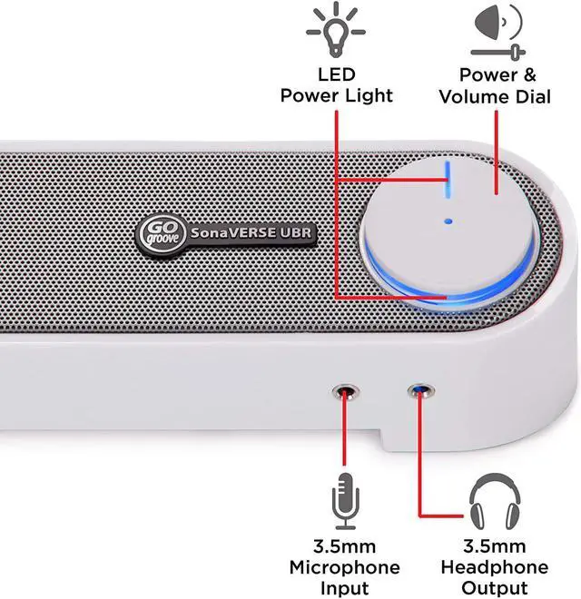 Alt view image 7 of 7 - GOgroove Computer Speaker Mini Soundbar - USB Powered PC Sound Bar with Easy Setup Wired AUX, Stereo Audio, Microphone Port, Volume Control Knob, Under Monitor Design for Desktop (White)