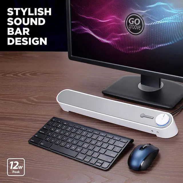 Alt view image 2 of 7 - GOgroove Computer Speaker Mini Soundbar - USB Powered PC Sound Bar with Easy Setup Wired AUX, Stereo Audio, Microphone Port, Volume Control Knob, Under Monitor Design for Desktop (White)