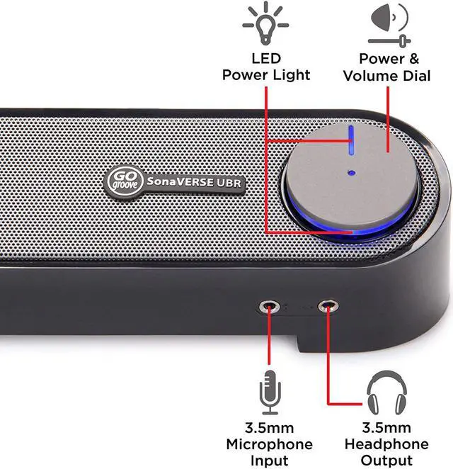 Alt view image 7 of 7 - GOgroove Computer Speaker Mini Soundbar - USB Powered PC Sound Bar with Easy Setup Wired AUX, Stereo Audio, Microphone Port, Volume Control Knob, Under Monitor Design for Desktop (Black)