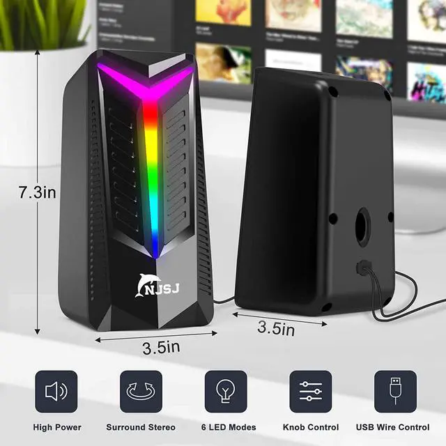 Alt view image 5 of 7 - NJSJ Computer Speakers,10W RGB Gaming Speaker 2.0 USB Powered Stereo Bass Volume Control with 6 Controllable LED Lighting Modes, 3.5mm Aux Input Multimedia Speaker for PC Tablets Desktop Laptop