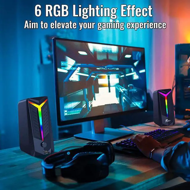 Alt view image 7 of 7 - NJSJ Computer Speakers,10W RGB Gaming Speaker 2.0 USB Powered Stereo Bass Volume Control with 6 Controllable LED Lighting Modes, 3.5mm Aux Input Multimedia Speaker for PC Tablets Desktop Laptop