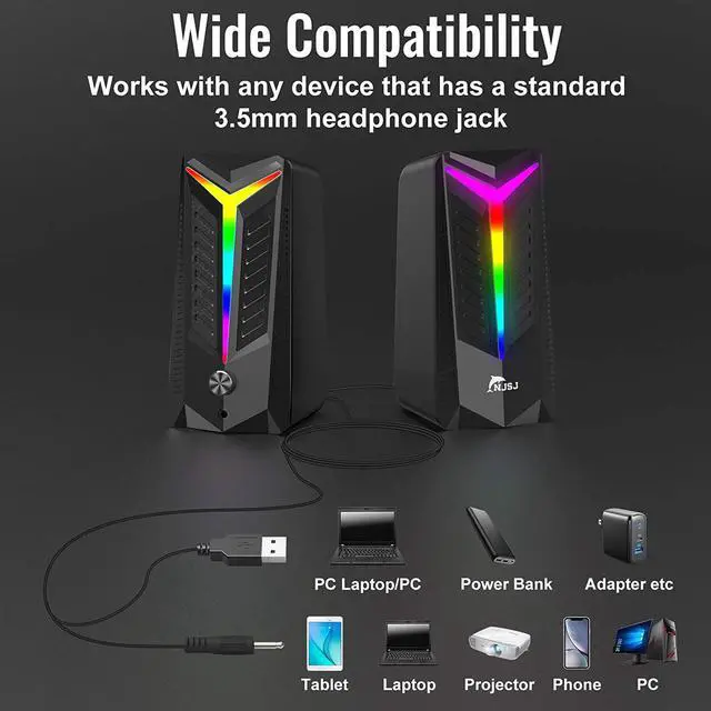 Alt view image 6 of 7 - NJSJ Computer Speakers,10W RGB Gaming Speaker 2.0 USB Powered Stereo Bass Volume Control with 6 Controllable LED Lighting Modes, 3.5mm Aux Input Multimedia Speaker for PC Tablets Desktop Laptop