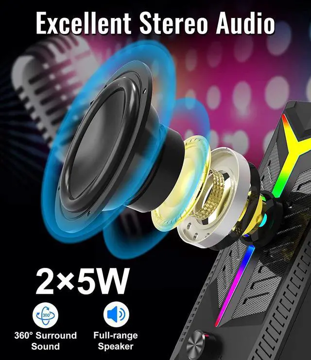 Alt view image 2 of 7 - NJSJ Computer Speakers,10W RGB Gaming Speaker 2.0 USB Powered Stereo Bass Volume Control with 6 Controllable LED Lighting Modes, 3.5mm Aux Input Multimedia Speaker for PC Tablets Desktop Laptop
