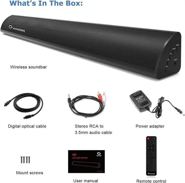 Alt view image 5 of 6 - Wohome S05 Sound Bar for TVs, with Bluetooth 5.0, Optical, AUX, RCA and USB Connections, 4EQs, Deep Bass, Remote Control, 60W 32-Inch Home Theater Soundbar Speaker, Compatible with 4K & HD & Smart TV