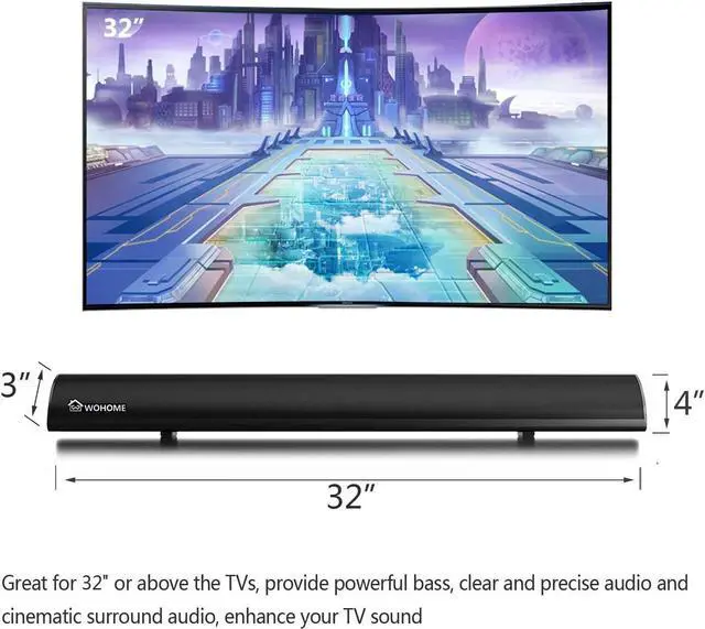 Alt view image 4 of 6 - Wohome S05 Sound Bar for TVs, with Bluetooth 5.0, Optical, AUX, RCA and USB Connections, 4EQs, Deep Bass, Remote Control, 60W 32-Inch Home Theater Soundbar Speaker, Compatible with 4K & HD & Smart TV