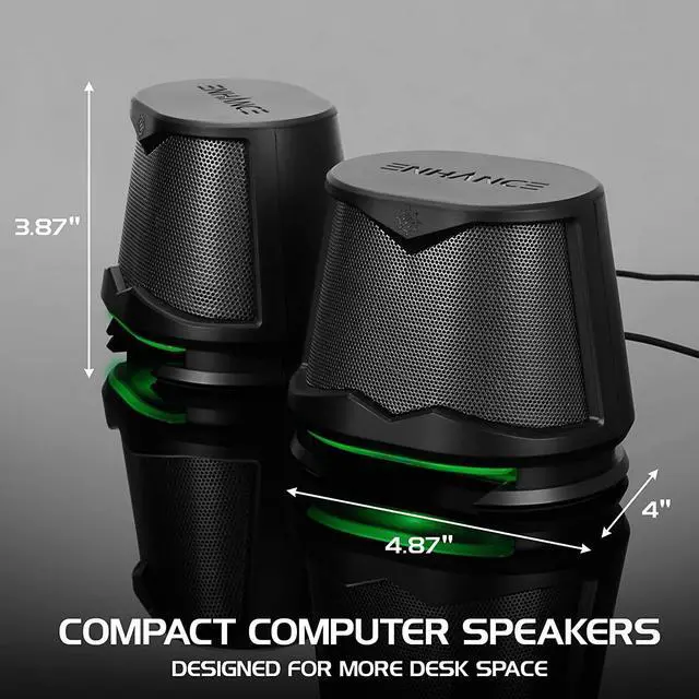 Alt view image 3 of 7 - ENHANCE SB2 Computer Speakers with Green LED Light, 2.0 USB Powered Stereo - Speakers for PC, Work from Home Accessories, Surround Sound with 3.5mm Plug - Compatible with Gaming Laptop, Desktop