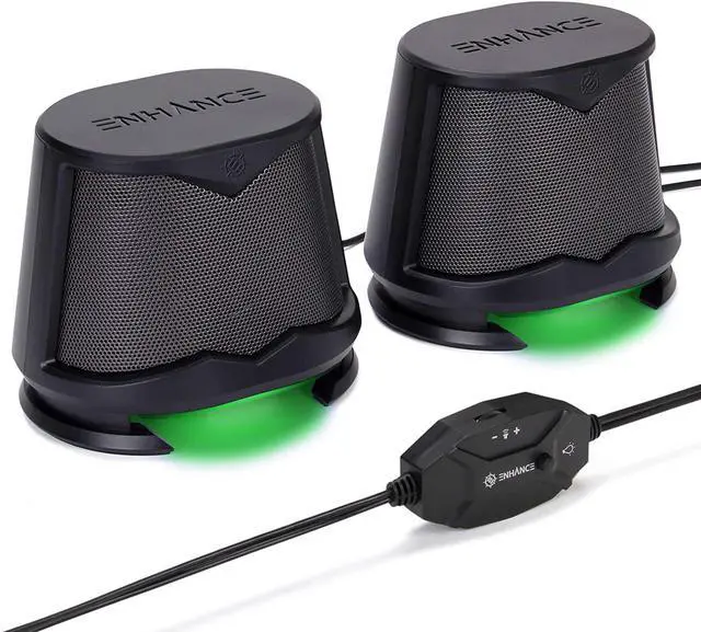 Main image of ENHANCE SB2 Computer Speakers with Green LED Light, 2.0 USB Powered Stereo - Speakers for PC, Work from Home Accessories, Surround Sound with 3.5mm Plug - Compatible with Gaming Laptop, Desktop