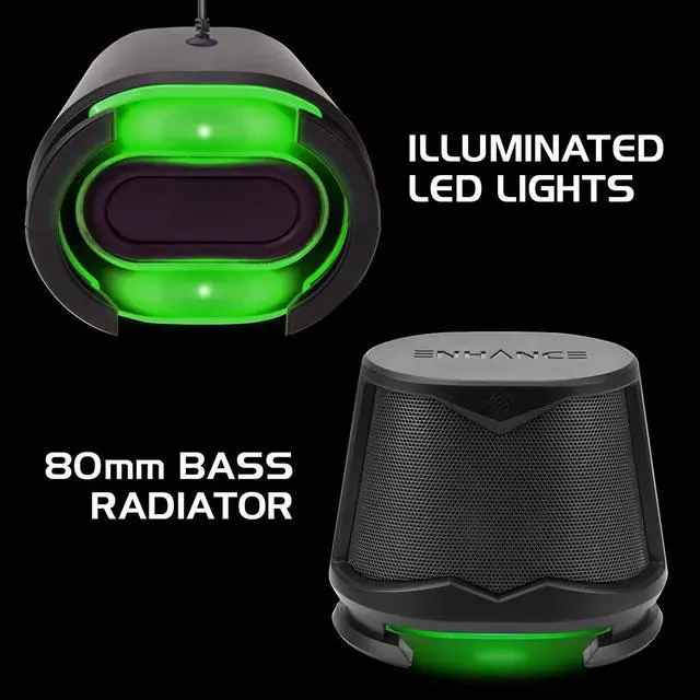 Alt view image 2 of 7 - ENHANCE SB2 Computer Speakers with Green LED Light, 2.0 USB Powered Stereo - Speakers for PC, Work from Home Accessories, Surround Sound with 3.5mm Plug - Compatible with Gaming Laptop, Desktop