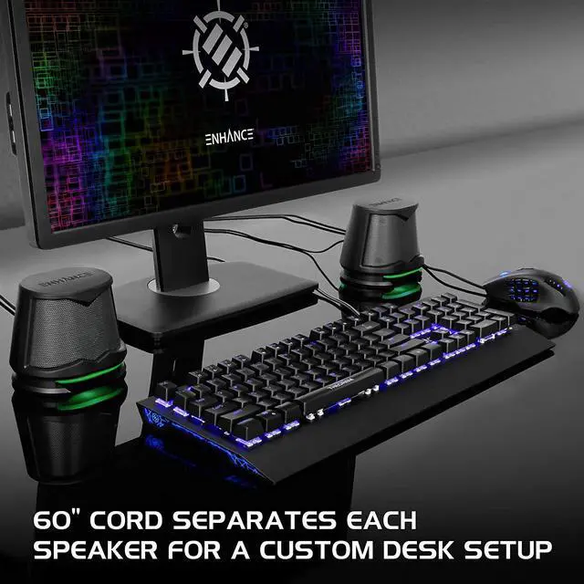 Alt view image 6 of 7 - ENHANCE SB2 Computer Speakers with Green LED Light, 2.0 USB Powered Stereo - Speakers for PC, Work from Home Accessories, Surround Sound with 3.5mm Plug - Compatible with Gaming Laptop, Desktop