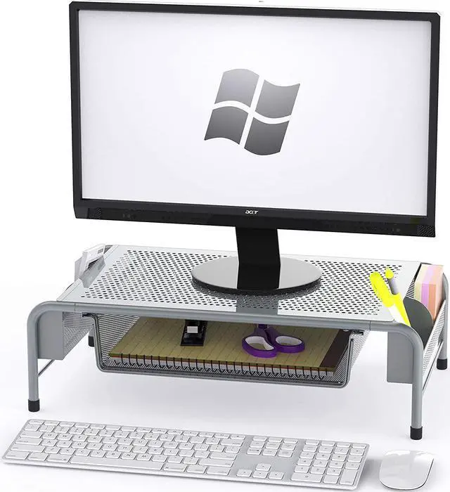 Main image of Simple Houseware Metal Desk Monitor Stand Riser with Organizer Drawer, Silver