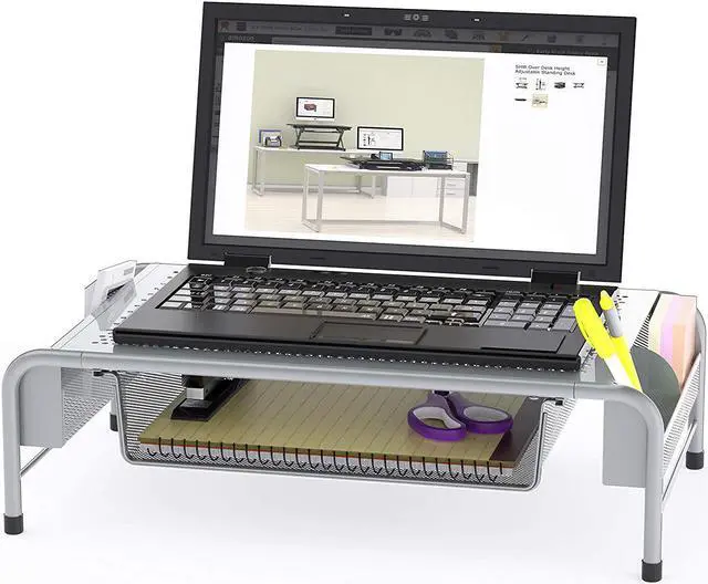 Alt view image 2 of 4 - Simple Houseware Metal Desk Monitor Stand Riser with Organizer Drawer, Silver