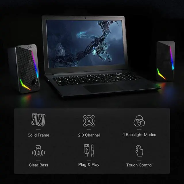 Alt view image 3 of 6 - Redragon GS510 Waltz RGB Desktop Speakers, 2.0 Channel PC Computer Stereo Speaker with 4 Colorful LED Backlight Modes, Enhanced Bass and Easy-Access Volume Control, USB Powered w/ 3.5mm Cable
