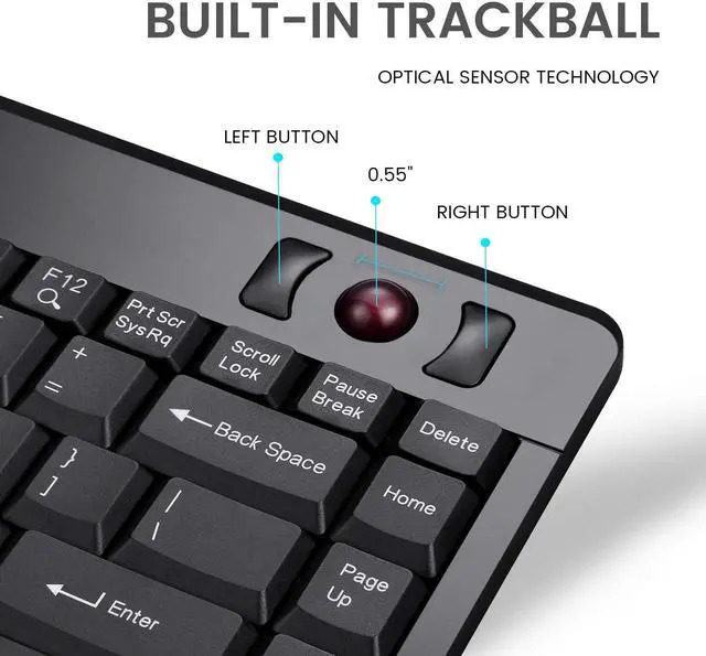 Alt view image 2 of 7 - Perixx Periboard-706 Wireless Trackball Mini Keyboard, Build-in 0.55 Inch Trackball for Pointing Feature, Black, US English Layout (10532)