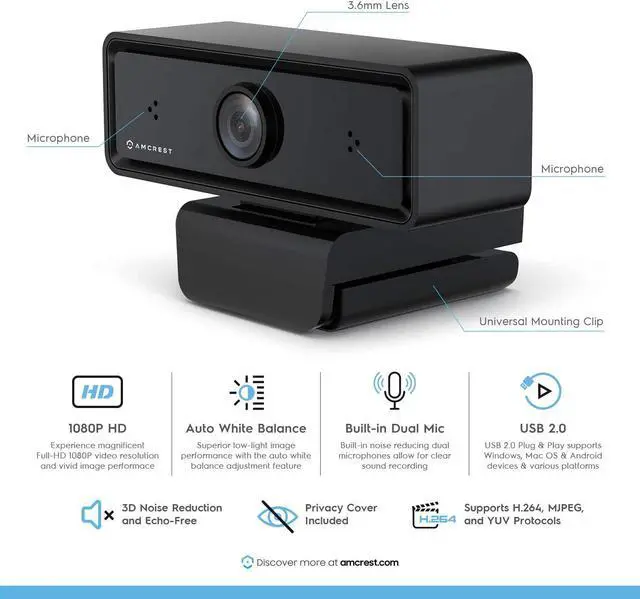 Alt view image 2 of 7 - Amcrest 1080P Webcam with Microphone & Privacy Cover, 2 Noise-Cancelling Mics, USB Webcams for Desktop/Laptop PC Computer, Web Cam for Calls, Conference, Zoom, Skype, Online Classes, Meetings AWC2198