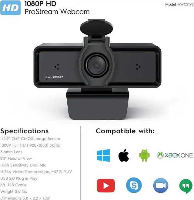 Alt view image 7 of 7 - Amcrest 1080P Webcam with Microphone & Privacy Cover, 2 Noise-Cancelling Mics, USB Webcams for Desktop/Laptop PC Computer, Web Cam for Calls, Conference, Zoom, Skype, Online Classes, Meetings AWC2198