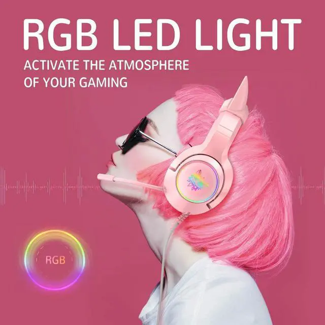 Alt view image 2 of 6 - SIMGAL Pink Gaming Headset with Removable Cat Ears, Compatible with PC PS4 PS5 Xbox One(Adapter Not Included) Mobile Phones, with Surround Sound, RGB Backlight & Noise Canceling Retractable Microphone