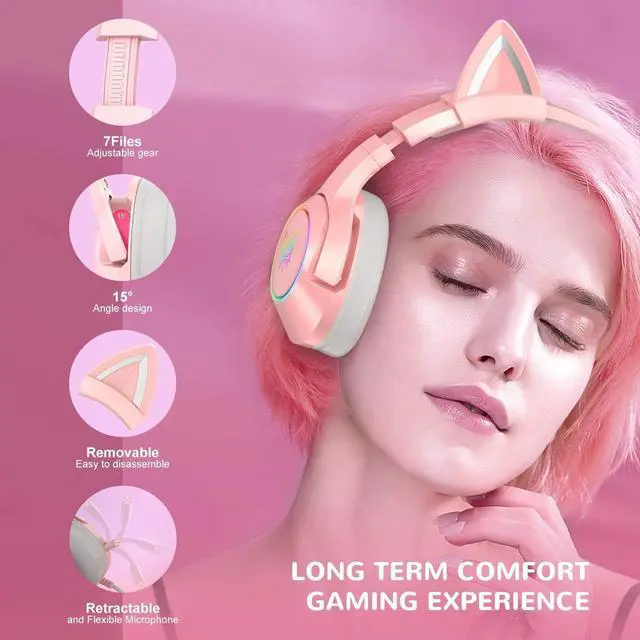 Alt view image 4 of 6 - SIMGAL Pink Gaming Headset with Removable Cat Ears, Compatible with PC PS4 PS5 Xbox One(Adapter Not Included) Mobile Phones, with Surround Sound, RGB Backlight & Noise Canceling Retractable Microphone