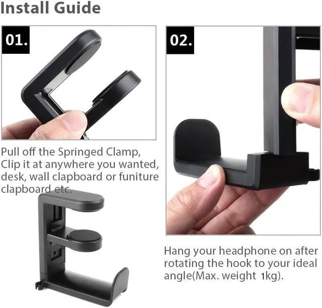 Alt view image 7 of 7 - PC Gaming Headset Headphone Hook Holder Hanger Mount, Headphones Stand with Adjustable &Rotating Arm Clamp, Under Desk Design, Universal Fit, Built in Cable Clip Organizer EURPMASK
