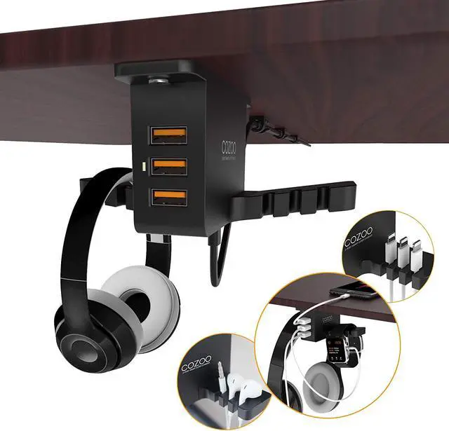 Alt view image 7 of 7 - Headphone Stand with USB Charger COZOO Under Desk Headset Holder Mount with 3 Port USB Charging Station and iWatch Stand Smart Watch Charging Dock Dual Earphone Hanger Hook,UL Tested