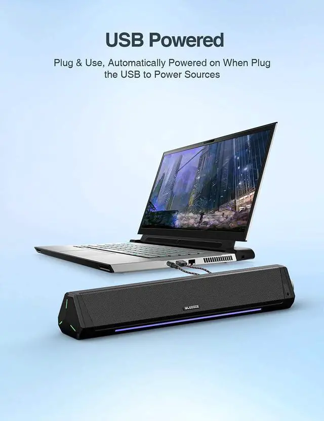Alt view image 6 of 9 - Computer Speakers Dynamic RGB Computer Sound Bar HiFi Stereo Bluetooth 5.0 & 3.5mm Aux-in Connection USB Powered Computer Speakers for Desktop PC Laptop Tablets