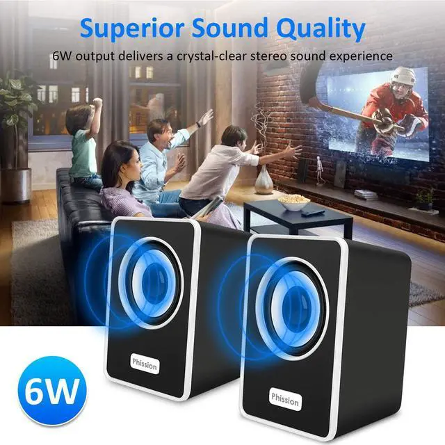 Alt view image 2 of 6 - Computer Speakers, Phission Mini Speaker with Stereo Sound 6W USB Powered 3.5 mm AUX-in Portable Speaker for Computer, Laptop, Notebook, Desktop (Black)