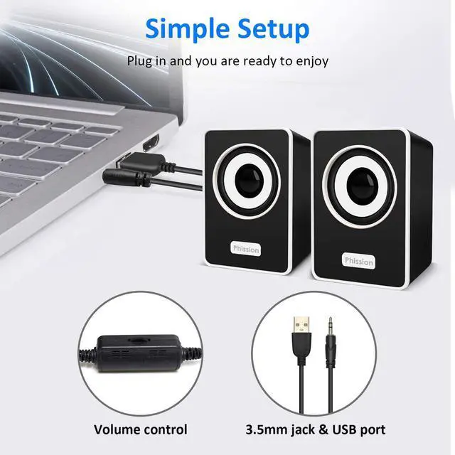 Alt view image 3 of 6 - Computer Speakers, Phission Mini Speaker with Stereo Sound 6W USB Powered 3.5 mm AUX-in Portable Speaker for Computer, Laptop, Notebook, Desktop (Black)