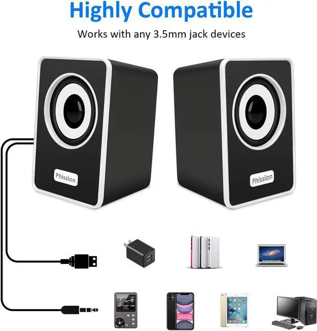 Alt view image 4 of 6 - Computer Speakers, Phission Mini Speaker with Stereo Sound 6W USB Powered 3.5 mm AUX-in Portable Speaker for Computer, Laptop, Notebook, Desktop (Black)