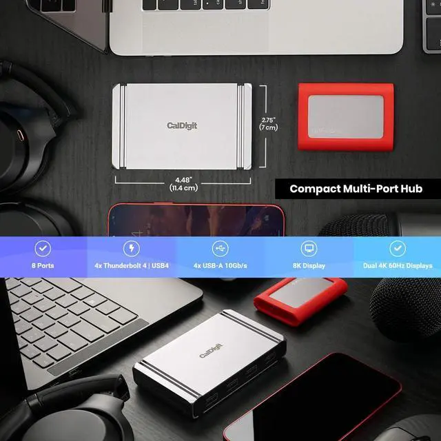 Alt view image 7 of 7 - CalDigit Thunderbolt 4 Element Hub - 4X USB4 Ports, USB 3.2 Gen2 10Gb/s, Single 8K or Dual 4K Displays, 60W Charging, 0.8m Cable