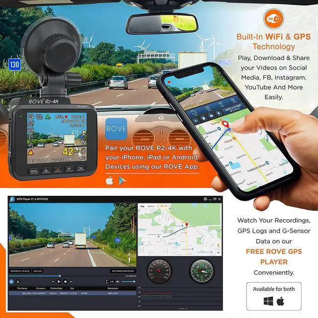 Alt view image 4 of 6 - Rove R2-4K Dash Cam Built in WiFi GPS Car Dashboard Camera Recorder with UHD 2160P, 2.4" LCD, 150° Wide Angle, WDR, Night Vision