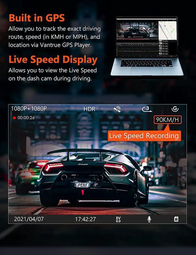 Alt view image 4 of 7 - Vantrue S1 4K Dual Dash Cam, Front and Rear 1080P GPS Dash Camera for Trucks with 24 Hours Parking Mode, Enhanced Night Vision, Motion Detection, Super Capacitor, Single Front 60fps, Support 256GB Max
