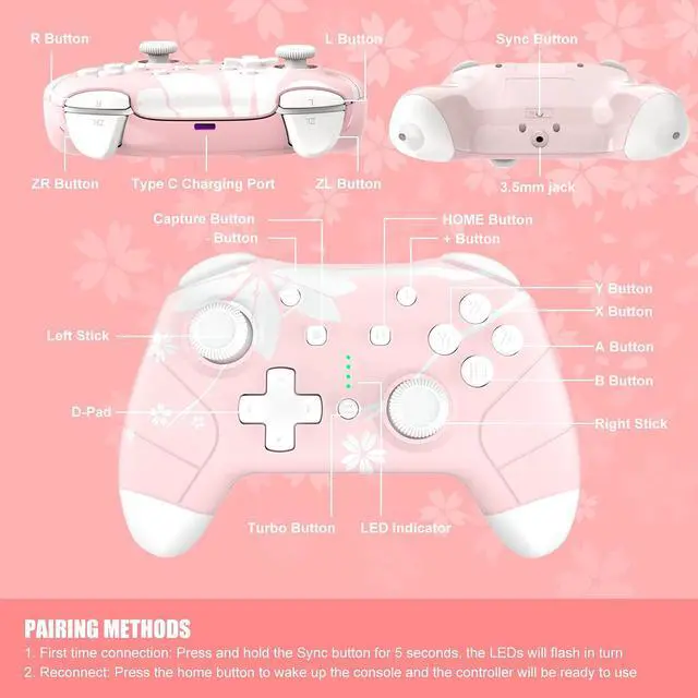 Alt view image 5 of 6 - Wireless Controller for Nintendo Switch/Lite, Mytrix Wireless Pro Controllers with Wake-Up, Headphone Jack, Auto-Fire Turbo, Motion Control, Adjustable Vibration, and etc, Sakura Cherry Blossoms Pink