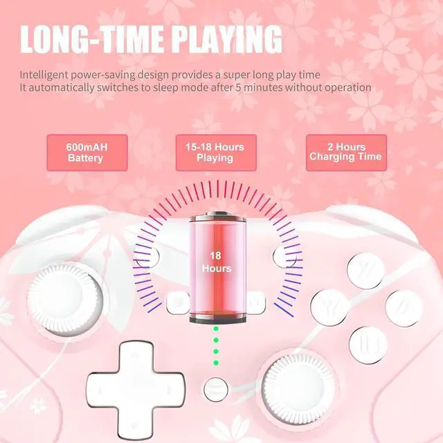 Alt view image 6 of 6 - Wireless Controller for Nintendo Switch/Lite, Mytrix Wireless Pro Controllers with Wake-Up, Headphone Jack, Auto-Fire Turbo, Motion Control, Adjustable Vibration, and etc, Sakura Cherry Blossoms Pink