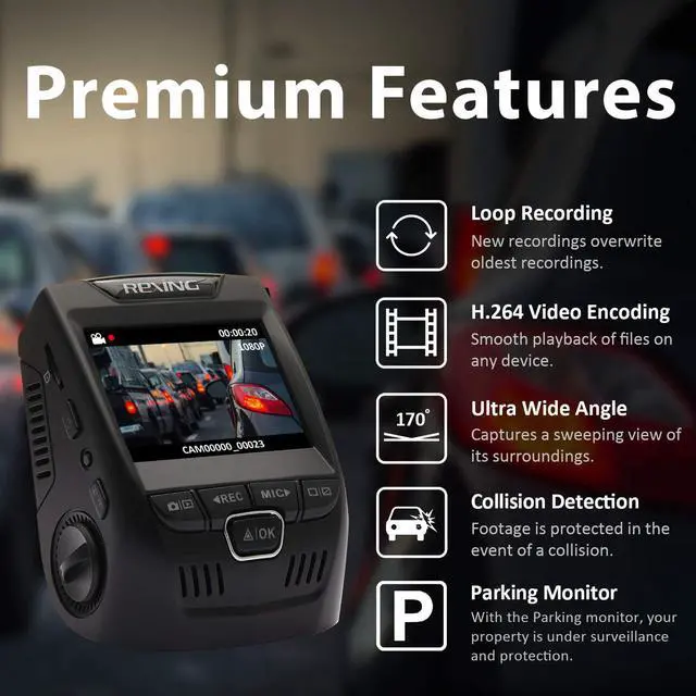 Alt view image 2 of 7 - Rexing V1 Basic Dash Cam 1080P FHD DVR Car Driving Recorder, 2.4" LCD Screen 170°Wide Angle, G-Sensor, WDR, Parking Monitor, Loop Recording