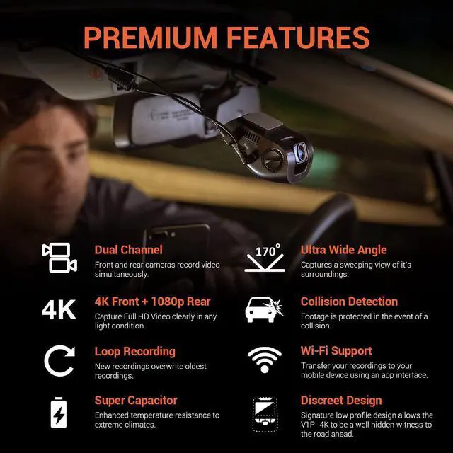 Alt view image 2 of 7 - V1P 4K Dual Channel Dash Cam 4K+1080p w/Wi-Fi, 2.4 LCD, 170° Wide Angle, Rear Camera, Supercapacitor, G-Sensor, WDR, Loop Recording, Mobile App