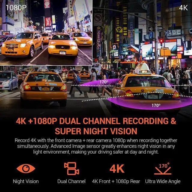 Alt view image 3 of 7 - V1P 4K Dual Channel Dash Cam 4K+1080p w/Wi-Fi, 2.4 LCD, 170° Wide Angle, Rear Camera, Supercapacitor, G-Sensor, WDR, Loop Recording, Mobile App