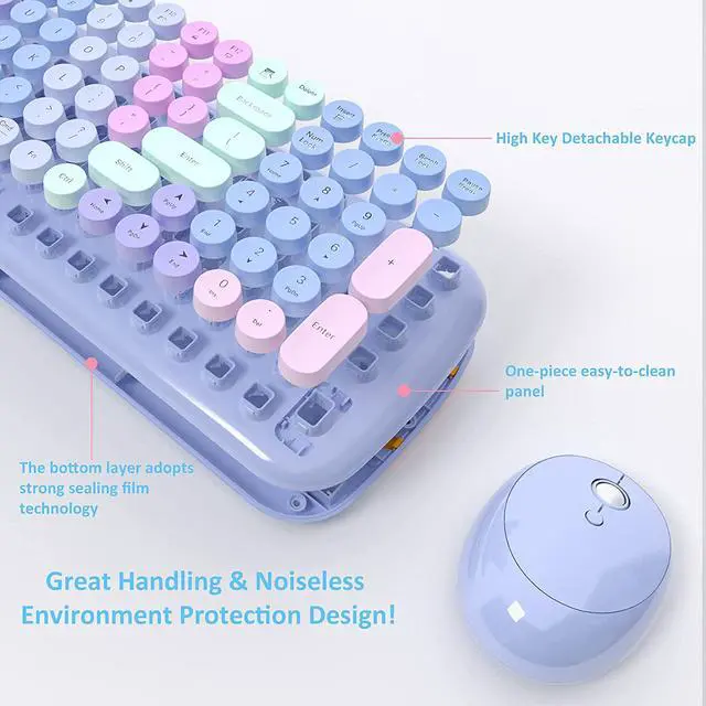 Alt view image 4 of 7 - Wireless Keyboards and Mouse Combos Colorful Gradient Rainbow Colored Retro Typewriter Flexible Keyboard 2.4GHz Connection and Optical Mouse (Purple Rainbow)